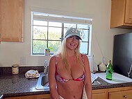 The dude came to ask his naughty neighbor girl not to tan naked in the yard but couldn’t help fucking her 5