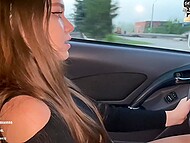 Russian cutie Valeria Sladkih drives a car while she has a pink masturbation toy in her pussy 7
