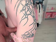 Skinny pink-haired schoolgirl gets cum of her stepbro into the panties after blowing and fooling around with him 10