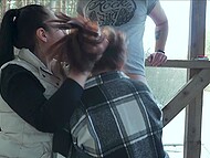 Two brunettes gave amateur blowjob to a pot-bellied man, receiving cum on their faces in return 4