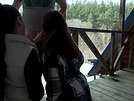 Two brunettes gave amateur blowjob to a pot-bellied man, receiving cum on their faces in return 5