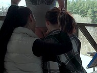 Two brunettes gave amateur blowjob to a pot-bellied man, receiving cum on their faces in return 7