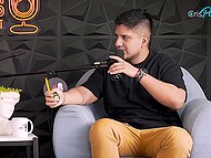 During a podcast, busty brunette undresses and masturbates, inserting a dildo into her wet pussy 10