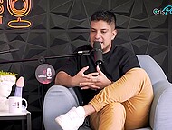 During a podcast, busty brunette undresses and masturbates, inserting a dildo into her wet pussy 5