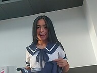 Young dark-skinned sweetheart in sexy uniform of a Japanese schoolgirl blows the guy till getting facialized 8