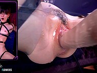 Skinny MILF with nothing but leather stripes on squirts hard when a sex-machine’s dildo penetrates her trimmed twat 10