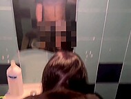 After the club, slut in black stockings fucks with a stranger in the toilet, getting a cumshot on big tits 8