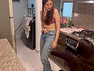 Lesbian with a tattoo takes off panties from her friend's pussy and offers cunnilingus in the kitchen 4