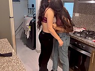 Lesbian with a tattoo takes off panties from her friend's pussy and offers cunnilingus in the kitchen 5