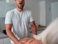 At breakfast, blonde MILF seduces man with a blowjob and then fucks with him, leaning against the table 7