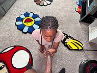 Attractive Ebony whore polishes immense black prick with her wet mouth and takes a load of cum on her face 9