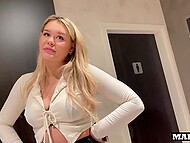 In the toilet, two men seduced sexy blonde MILF in stockings for a hot amateur blowjob in POV 6