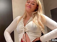 In the toilet, two men seduced sexy blonde MILF in stockings for a hot amateur blowjob in POV 7