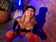 Tanned blonde in red boots points a big dildo into her pussy and squirts during masturbation 6