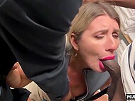 White maid couldn’t refuse two black guys and took their huge cocks into all holes at the same time 8