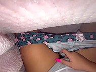 In the middle of the night, a horny girl puts her hand in panties and masturbates under the blanket 4