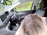 While a blonde is giving a blowjob to her boyfriend in the car, a random passer-by is watching her and jerking off 4