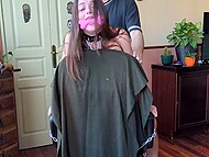 Dominating man fingers twat of his bound chick with pinched nipples and drills it with vibrator before fucking 10