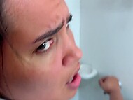 The guy catches his Latina stepmom masturbating in the shower and bangs her cunt properly in POV 7