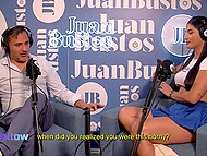 Hot busty Latina porn actress lets a midget drill her vagina with a sex machine during the interview 9