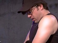 Two lovers of BDSM games roughly spank a red-haired girl in stockings on the ass and then fuck her 11