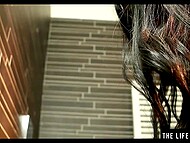 Secluded in the restroom, a naked brunette caresses her shaved pussy with fingers and unforgettably cums 5