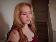Big-tittied redhead gets on the knees to blow the partner and copulates with him like hell in POV 5