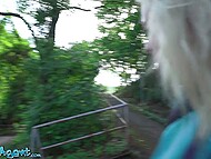 Blonde MILF with natural tits and nice pussy flaps fucks outdoors in a public park for money 5