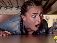 Katy Rose finds herself in a sticky situation under the bed in a thrilling encounter at the Fake Hostel. 5