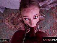 Scarlet Chase gets leashed up in a sultry latex bodysuit and bum plowed by Elic Chase. 5