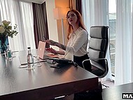Zara DuRose, a trapped redhead boss, engages in anal action with two French black guys in the office. 5