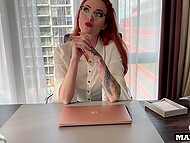 Zara DuRose, a trapped redhead boss, engages in anal action with two French black guys in the office. 6