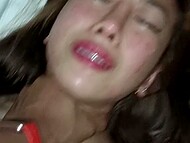 Asian girlfriend with cute tits poses for the smartphone camera when getting fucked by the guy 6