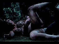 Kazumi freezes in time and gets fucked by three dudes in the dark forest 5