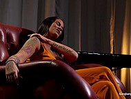 Inked stripper with big hooters submits to rough sex and creampie with several studs 4