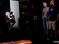 Inked stripper with big hooters submits to rough sex and creampie with several studs 5