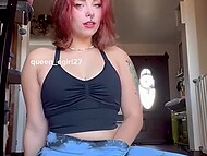 Hot amateur plumper takes her leggings off before riding a dildo 5