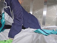 Amateur cosplay wench has her Asian pussy licked, banged and creampied on the bed 4