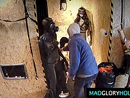 Horny MILF swallowing cum after being gangbanged by strangers through the gloryhole 6