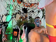 Kinky queen of anal sex squirts when having her asshole banged by a masked dude on Halloween party 7