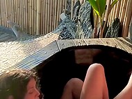 Explicit moment caught on camera on a garden terrace, youthful couple caught mid-coitus 9