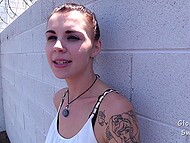 Skinny inked whore sucking a stranger guy's black dick through the gloryhole 11