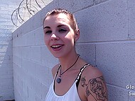 Skinny inked whore sucking a stranger guy's black dick through the gloryhole 8