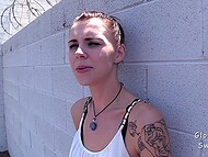 Skinny inked whore sucking a stranger guy's black dick through the gloryhole 9