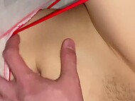 Slender Chinese cutie with perky round breasts spreads legs for her lover's erect dong   7