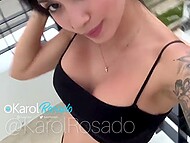 Sexy brunette Karol plays with her cute cunny and gives little squirts on the balcony at the beach hotel 11