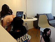 Attractive brunette gets on the knees to blow thick cock and hikes up her dress for sex on webcam 7