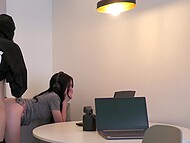 Attractive brunette gets on the knees to blow thick cock and hikes up her dress for sex on webcam 9