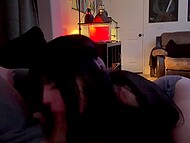Young long-haired brunette wraps her pillowy lips around stepdad's erect penis  10
