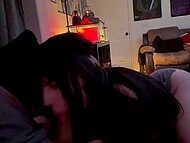 Young long-haired brunette wraps her pillowy lips around stepdad's erect penis  8
